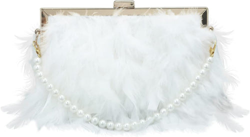 Elegant White Feathered Pearl Chain Strap Evening Bag