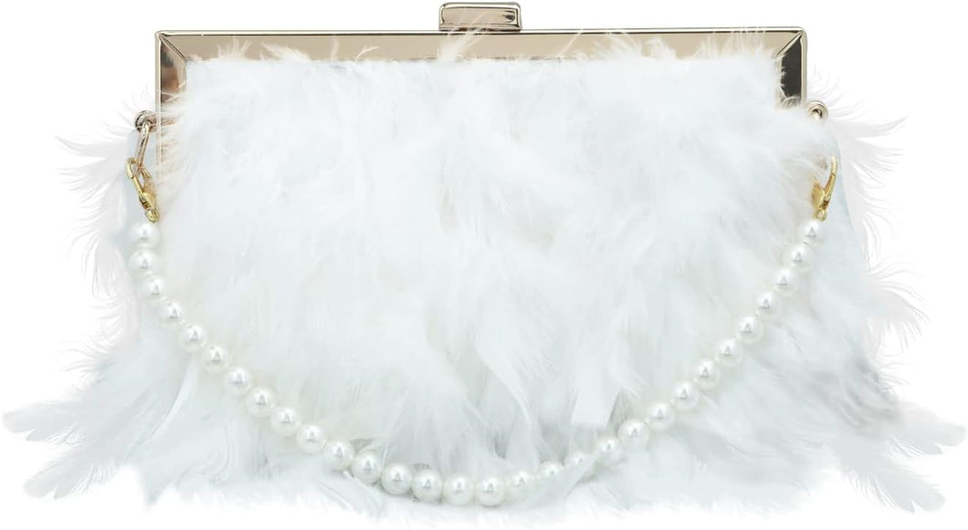 Elegant White Feathered Pearl Chain Strap Evening Bag