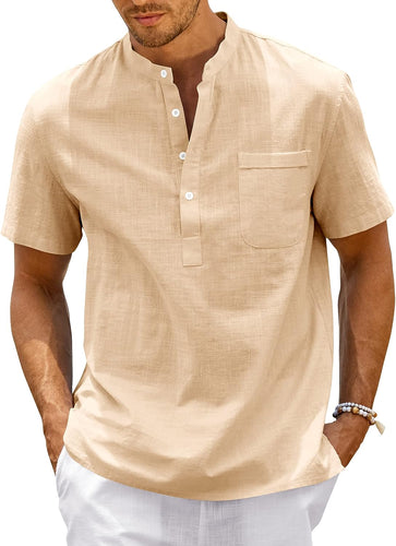 Men's Beige High Quality Cotton Short Sleeve Shirt