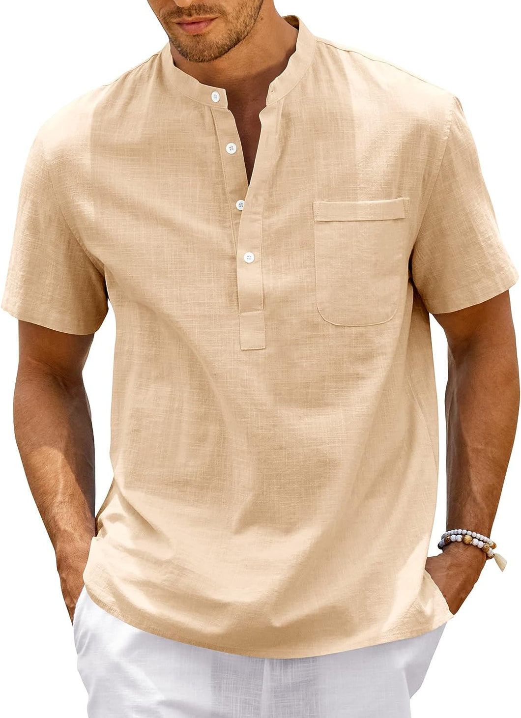 Men's Beige High Quality Cotton Short Sleeve Shirt