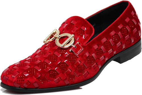 Men's Luxury Glitter Red Checkered Pattern Loafer Style Dress Shoes