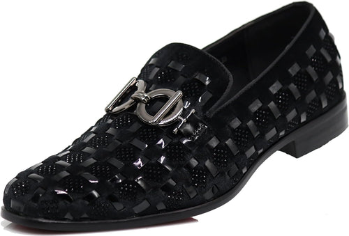 Men's Luxury Glitter Black Checkered Pattern Loafer Style Dress Shoes