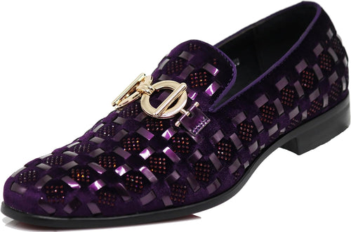 Men's Luxury Glitter Purple Checkered Pattern Loafer Style Dress Shoes