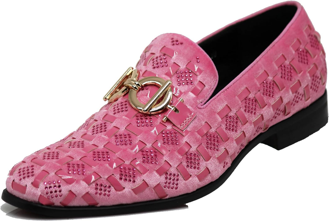 Men's Luxury Glitter Pink Checkered Pattern Loafer Style Dress Shoes