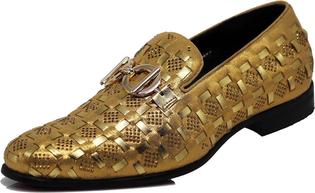 Men's Luxury Glitter Gold Checkered Pattern Loafer Style Dress Shoes