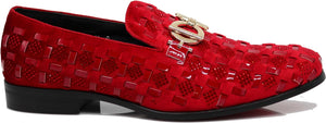 Men's Luxury Glitter Red Checkered Pattern Loafer Style Dress Shoes