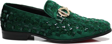 Men's Luxury Glitter Emerald Green Checkered Pattern Loafer Style Dress Shoes