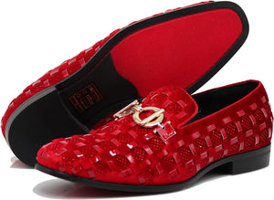Men's Luxury Glitter Red Checkered Pattern Loafer Style Dress Shoes