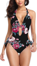 Load image into Gallery viewer, One Piece Green/Black Floral Print Bathing Suit Monokini Cutout Swimwear