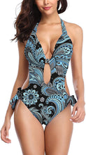 Load image into Gallery viewer, One Piece Navy Blue Print Bathing Suit Monokini Tummy Control Cutout Swimwear