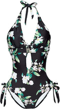 Load image into Gallery viewer, One Piece Black/Red Floral Print Bathing Suit Monokini Cutout Swimwear