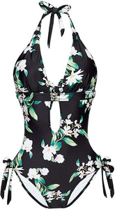 One Piece Black Floral Print Bathing Suit Monokini Cutout Swimwear