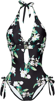 One Piece Green/Black Floral Print Bathing Suit Monokini Cutout Swimwear