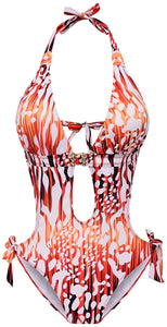 One Piece Black/Red Floral Print Bathing Suit Monokini Cutout Swimwear