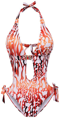 One Piece Orange/White Print Bathing Suit Monokini Tummy Control Cutout Swimwear