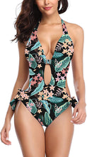 Load image into Gallery viewer, One Piece Green/Black Floral Print Bathing Suit Monokini Cutout Swimwear