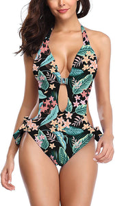 One Piece Green/Black Floral Print Bathing Suit Monokini Cutout Swimwear