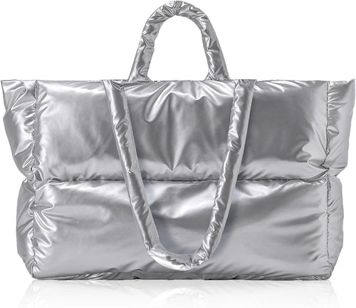 Silver Puffer Quilted Tote Style Top Handle Handbag