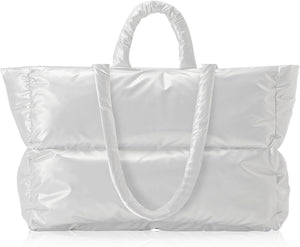 Silver Puffer Quilted Tote Style Top Handle Handbag