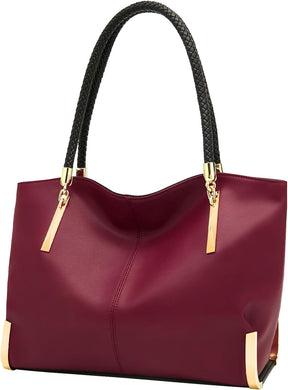 Gold Metal Red Wine Genuine Leather Top Handle Tote Style Handbag