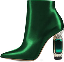 Load image into Gallery viewer, Emerald Green Crystal Block Heel Stone Embellished Ankle Boots