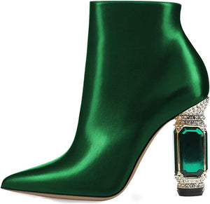 Emerald Green Crystal Block Heel Stone Embellished Ankle Boots