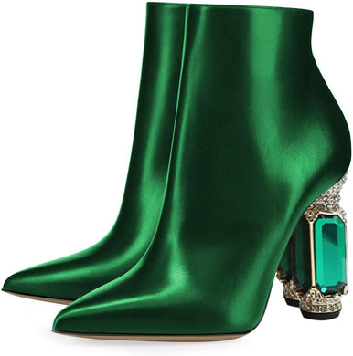 Emerald Green Crystal Block Heel Stone Embellished Ankle Boots