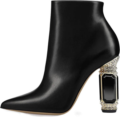 Black Crystal Block Heel Stone Embellished Ankle Boots