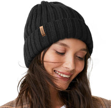 Load image into Gallery viewer, Chunky Knit Beige/Black Winter Beanie Hat