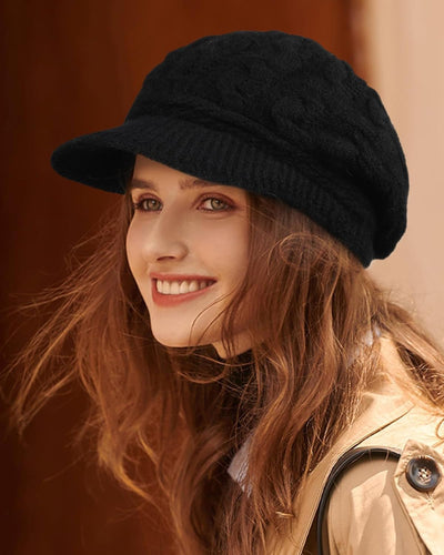 Chunky Knit Black Visor Brim Winter Hat