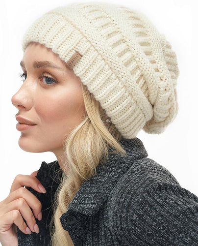 Women's Winter Soft Knit Beige Slouchy Beanie Hat