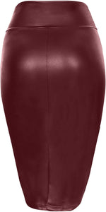 Burgundy Red Faux Leather High Waist Pencil Skirt