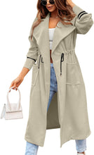 Load image into Gallery viewer, Fashionable Beige Drawstring Waist Lapel Striped Lightweight Over Coat