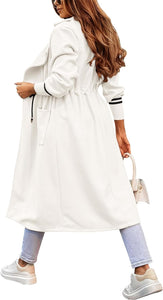 Fashionable White Drawstring Waist Lapel Striped Lightweight Over Coat