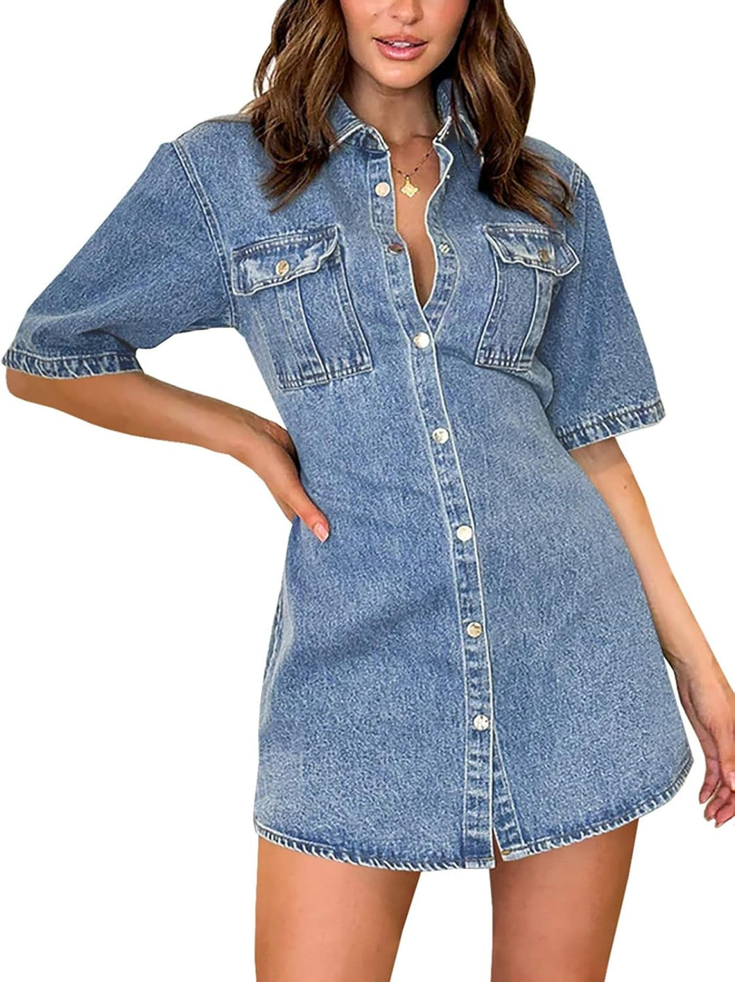 Soft Denim Light Blue Short Sleeve Mini Dress