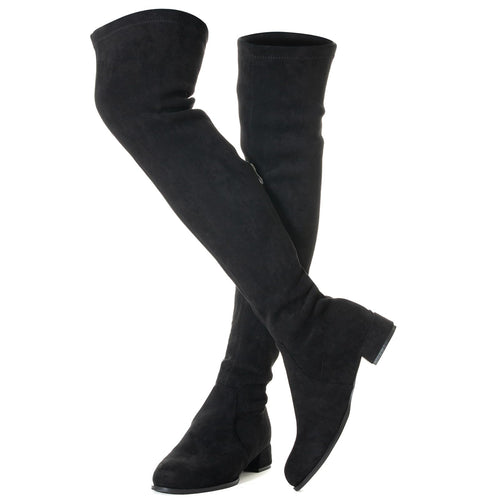 Black Flat Heel Thigh High Suede Over The Knee Stretch Boot