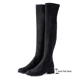 Black Flat Heel Thigh High Suede Over The Knee Stretch Boot