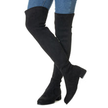 Load image into Gallery viewer, Black Flat Heel Thigh High Suede Over The Knee Stretch Boot