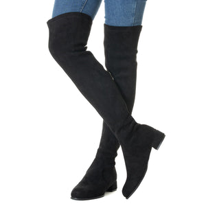 Black Flat Heel Thigh High Suede Over The Knee Stretch Boot