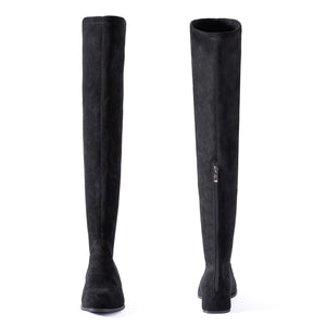 Black Flat Heel Thigh High Suede Over The Knee Stretch Boot