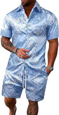 Men's Blue Paisley Print Short Shirt & Shorts Set
