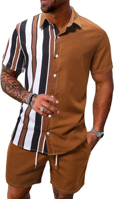 Men's Brown Striped Short Shirt & Shorts Set