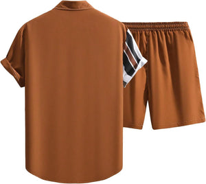 Men's Brown Striped Short Shirt & Shorts Set