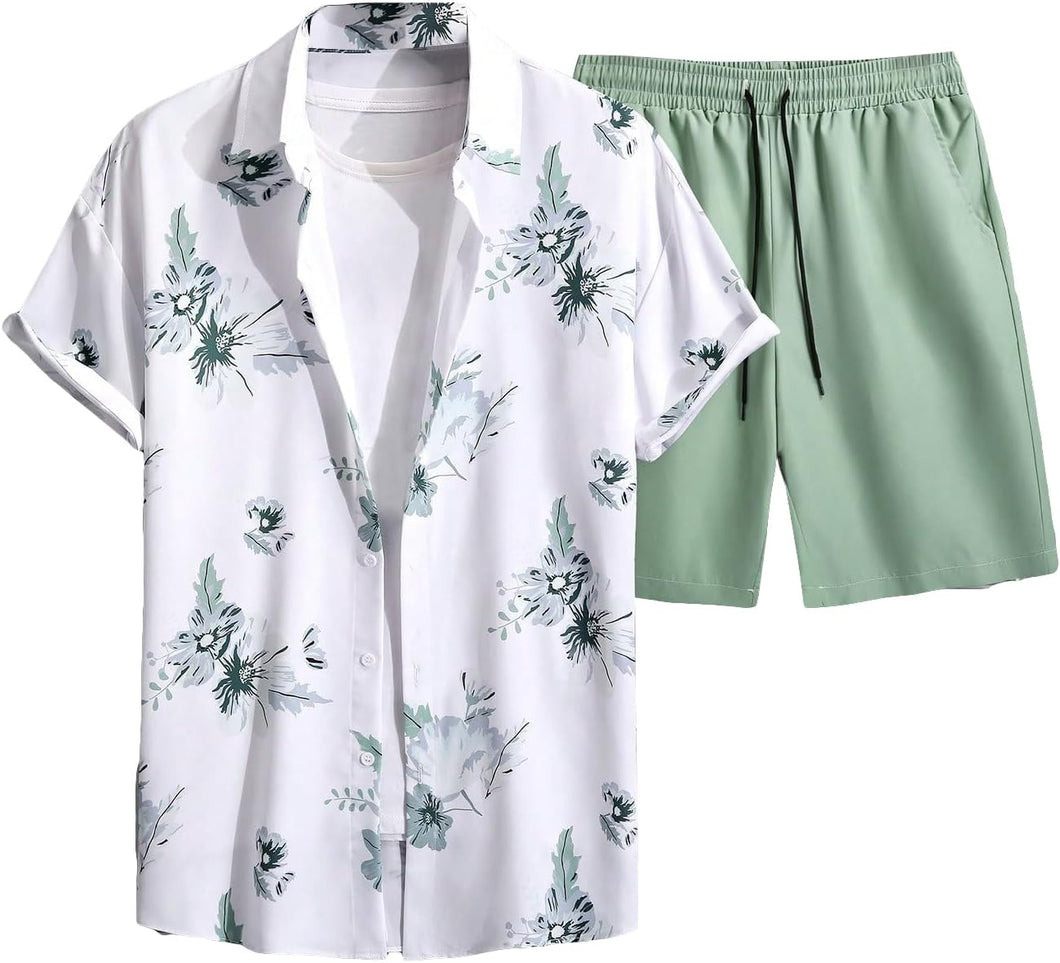 Men's Light Green Print Short Shirt & Shorts Set