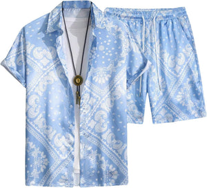 Men's Blue Paisley Print Short Shirt & Shorts Set