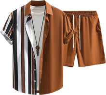 Load image into Gallery viewer, Men&#39;s Brown Striped Short Shirt &amp; Shorts Set