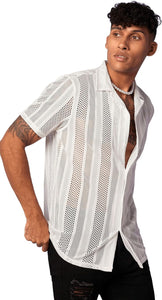 Men's White Crochet Knit Short Sleeve Shirt