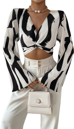 Safari Print Black/White Bell Sleeve Crop Top