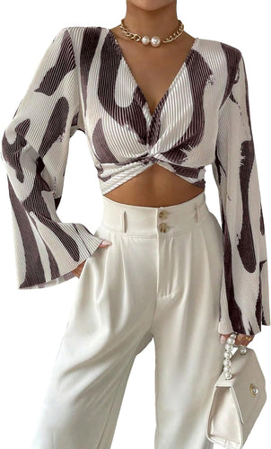 Safari Print Brown/White Bell Sleeve Crop Top