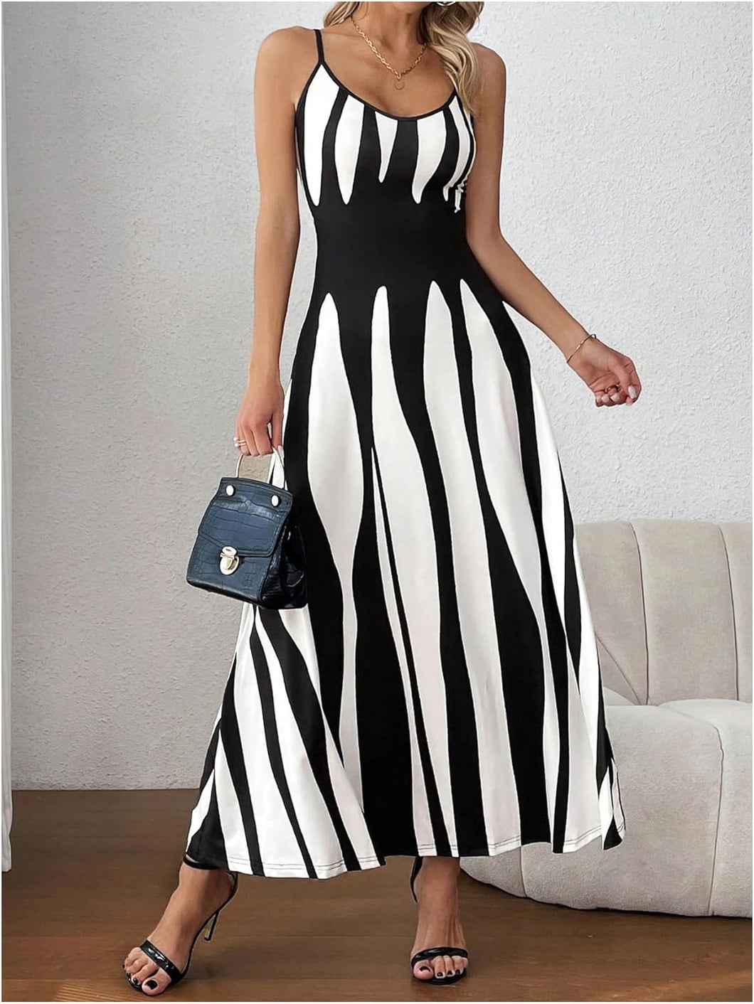 Color Block Striped Black & White Cami Maxi Dress